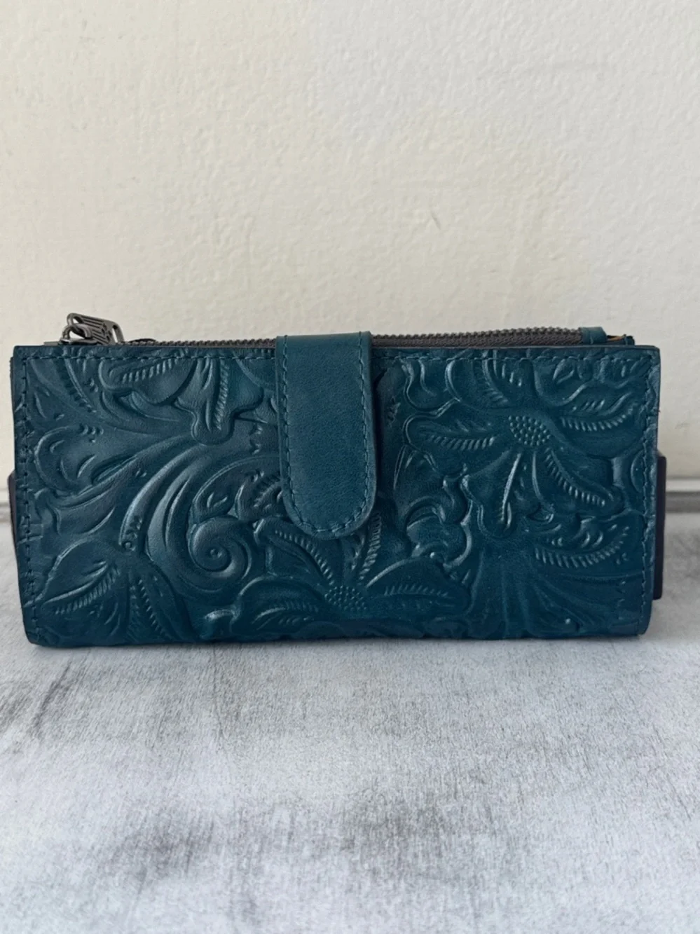 PATRICIA NASH Nazari Blue Coral Tooled Bifold RFID Leather Wallet